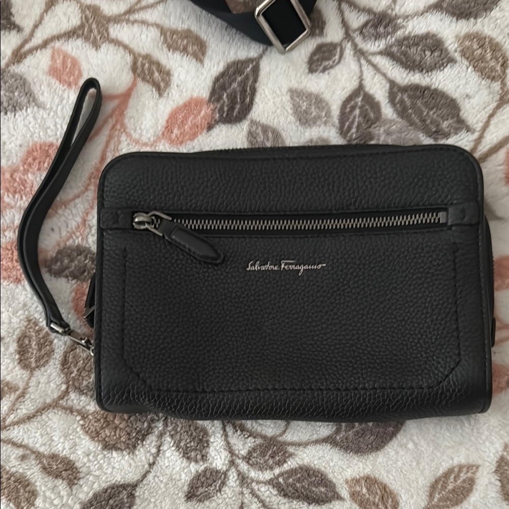 Salvatore Ferragamo Black Pebbled Leather Clutch